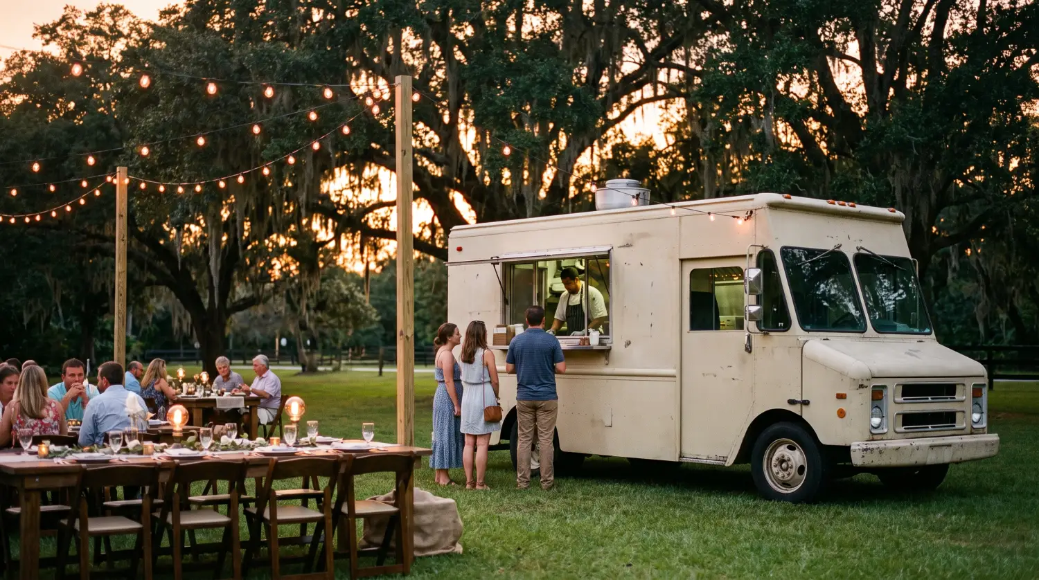 A food truck serving guests at a private outdoor catering event under live oaks, long tables and string lights