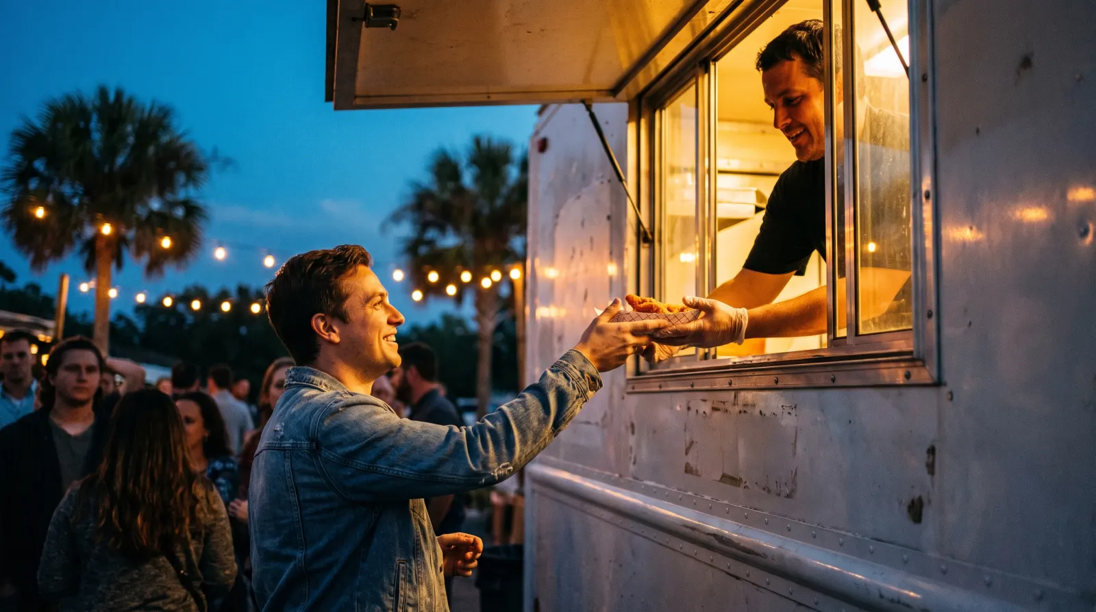 A customer being handed a paper tray of food at a food truck's serving window at an outdoor evening event