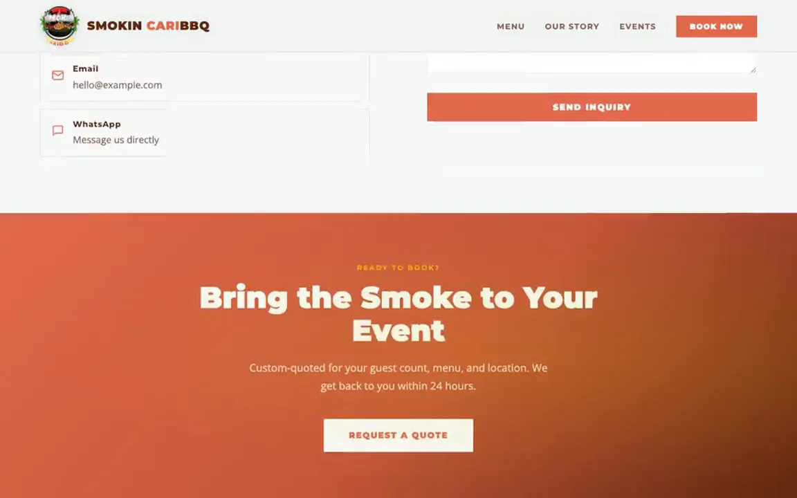 Unsolicited concept design for Smokin' CariBBQ, the request a quote section