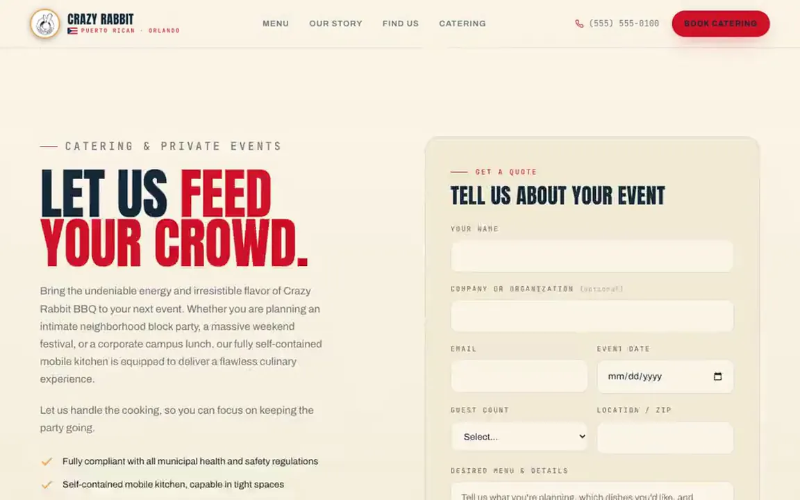 Unsolicited concept design for the Crazy Rabbit food truck, the catering inquiry page